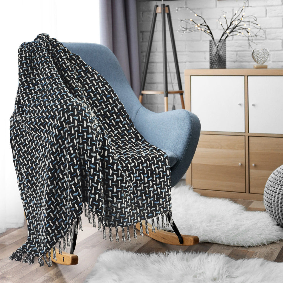 Modern Interwoven Throw Blanket with Fringe, Black/Blue/White