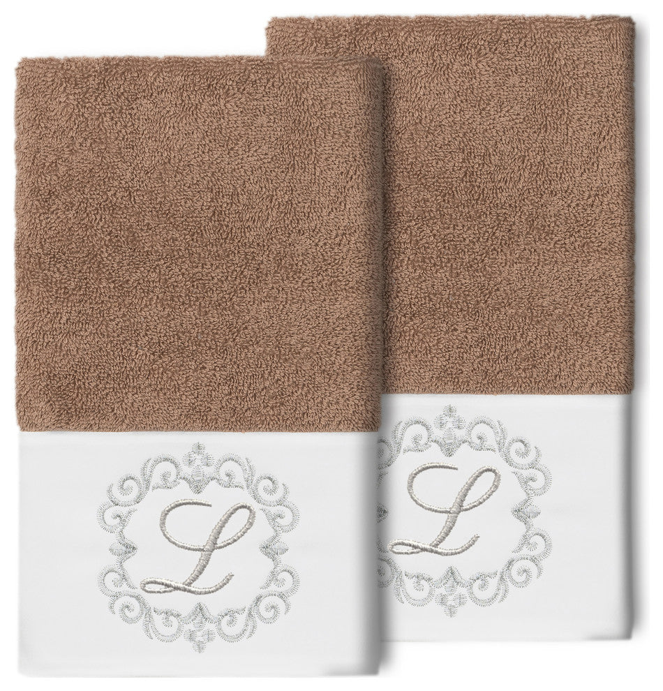 Linum Home Turkish Cotton Monica 2-Piece Embellished Hand Towel Set, Latte