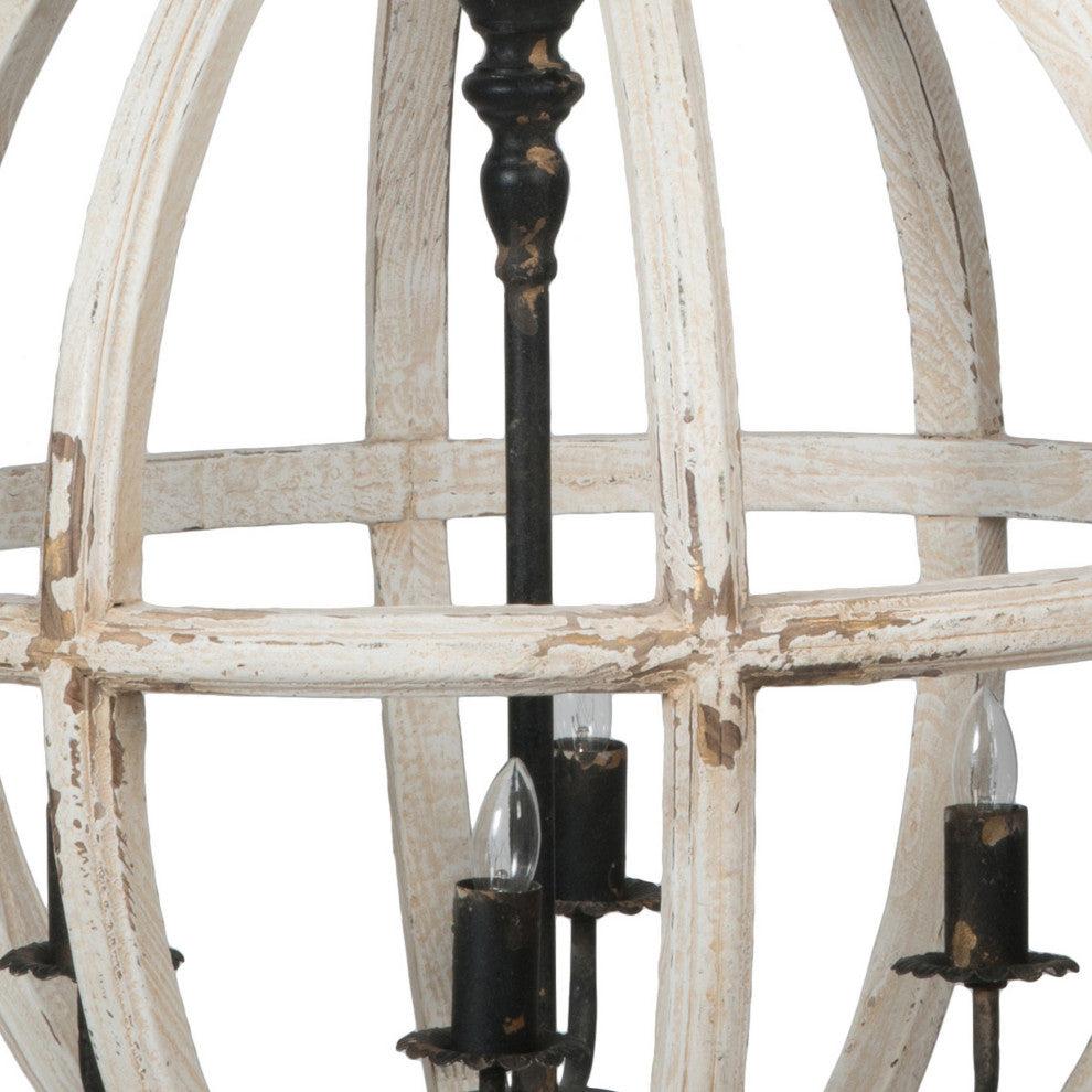 Benzara BM285024 4 Light Chandelier, Round Fir Wood Frame, Iron, White Black