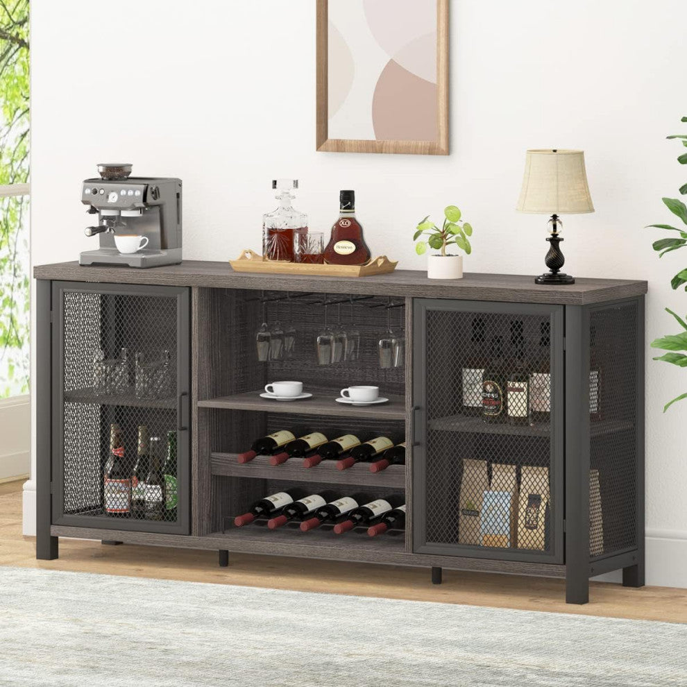 Rustic Bar Cabinet With Bottle Storage and Double Mesh Door Design, Dark Gray Oak