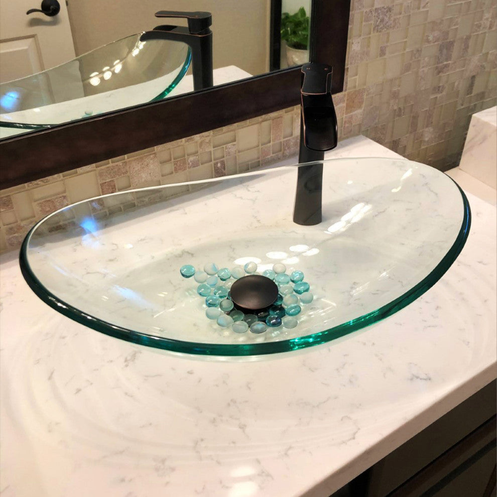 Chiaro Clear Oval Tempered Slipper Glass Vessel Bath Sink and Drain, Oil Rubbed Bronze