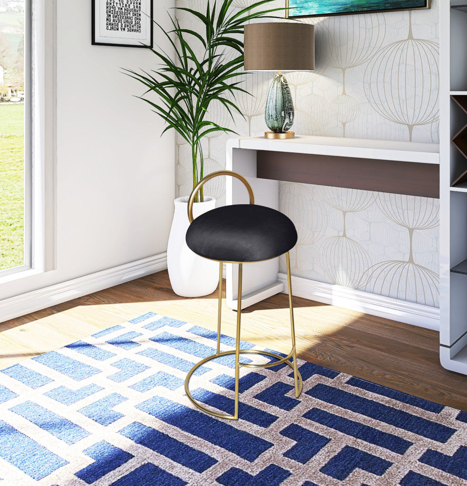 Ring Velvet Upholstered Counter Height Stool with Durable Iron Frame, Black, Gold Finish