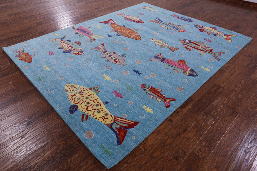 Gabbeh Fish Design Hand-Knotted Wool Rug 7' 11" X 10' 1" - Q13530