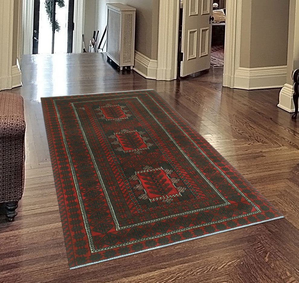 Vintage Distressed Florid Red/Charcoal Rug, 3'10x7'3