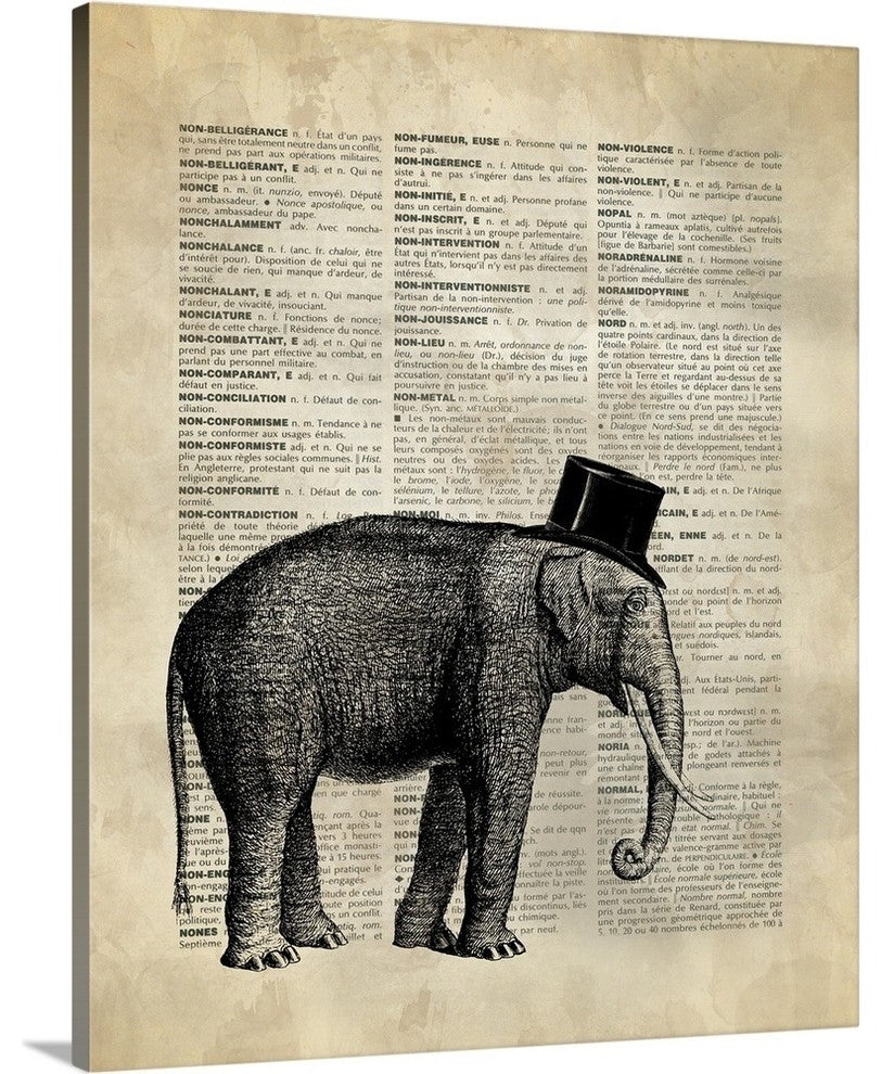 Vintage Dictionary Art: Elephant Wrapped Canvas Art Print, 16"x20"x1.5"