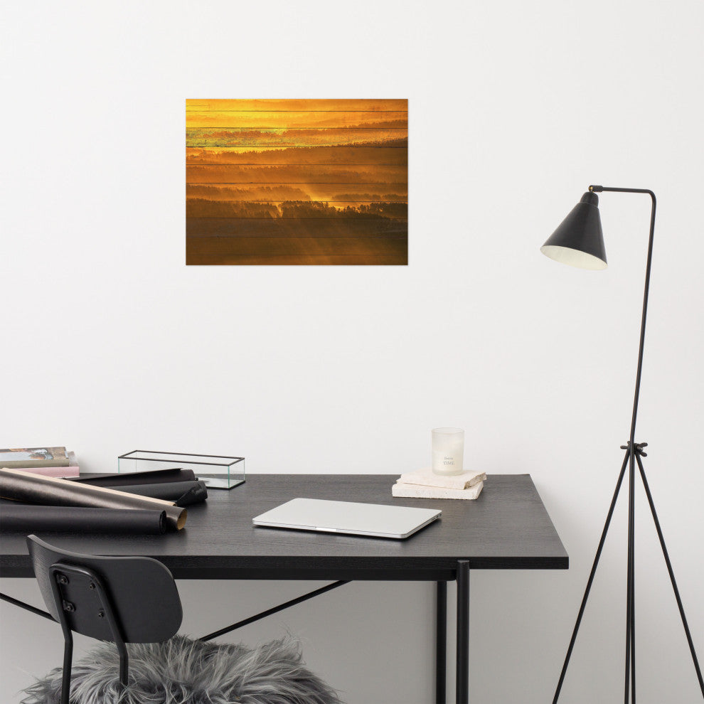 Faux Wood Golden Mist Valley - Hills & Mountain Range Wall Art Prints, 18" X 24"