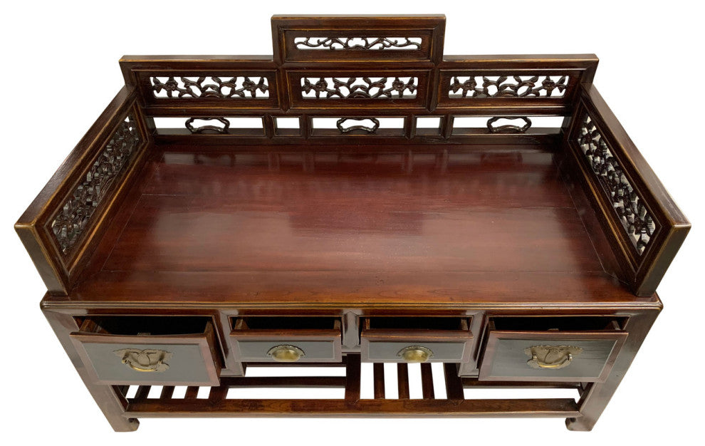 Vintage Chinese Antique Carved Bench With Ox Blood Red Lacquer Accents