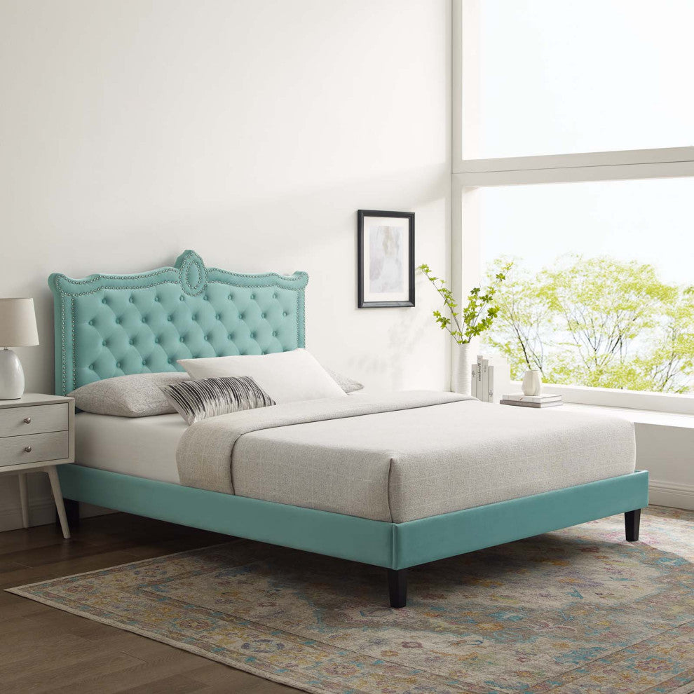 Platform Bed Frame, Nailhead, Queen Size, Blue, Velvet, Modern, Guest Suite