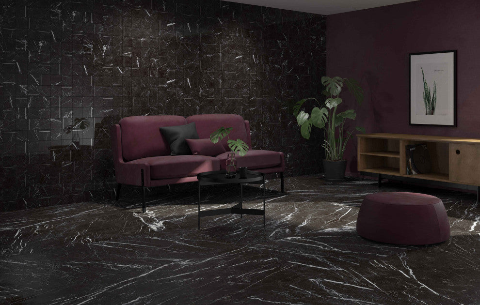 Marquina Black Marble Look Rectified Porcelain Tile Matte, 24"x48"