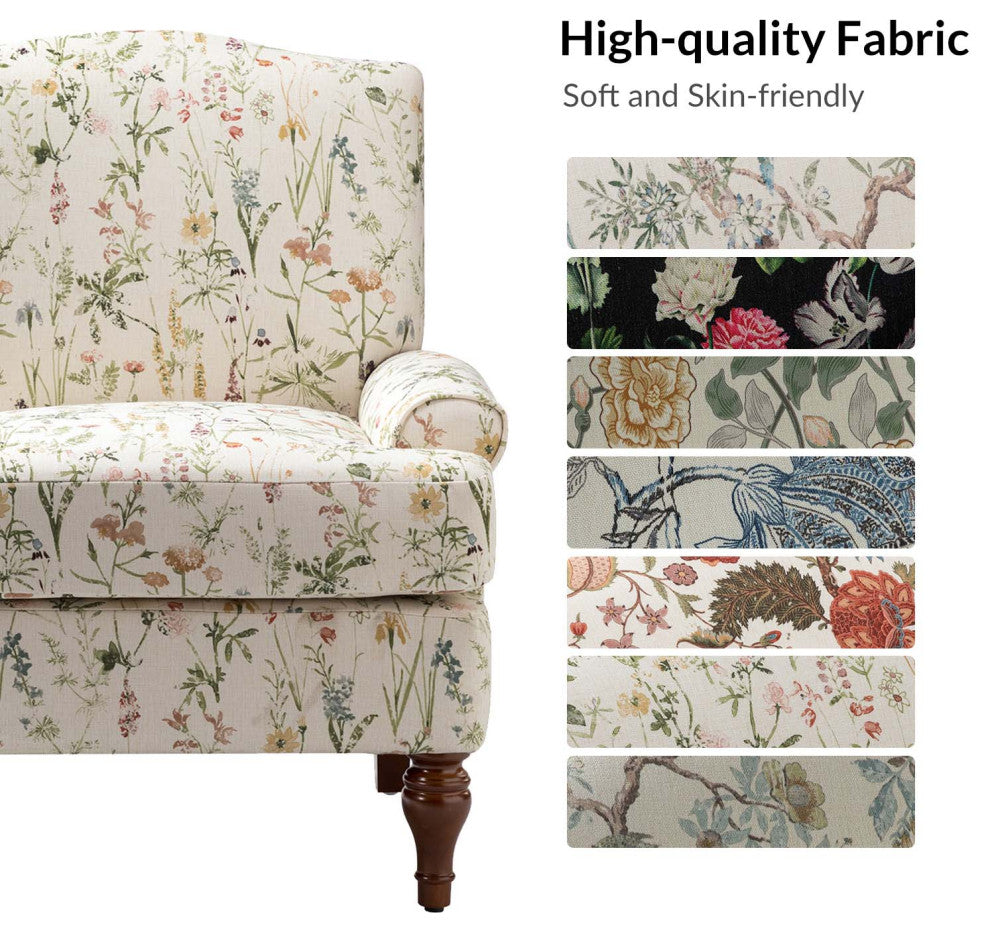 Armchair,Upholstered armchair with floral pattern, mid-century style., Spring
