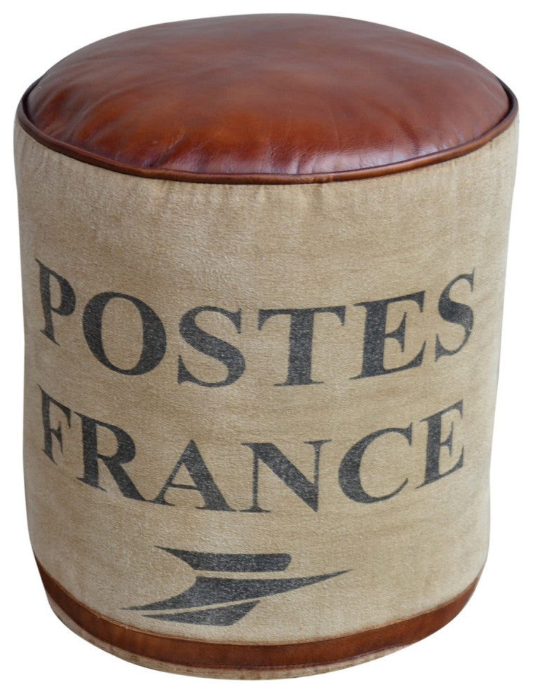 Round Canvas Pouf Post Topped With Brown Leather Seat