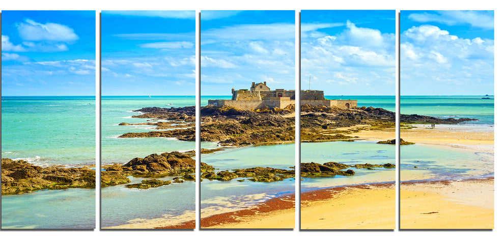 Saint Malo Fort National Beach, Seascape Canvas Art Print, 60"x28", 5 Panels