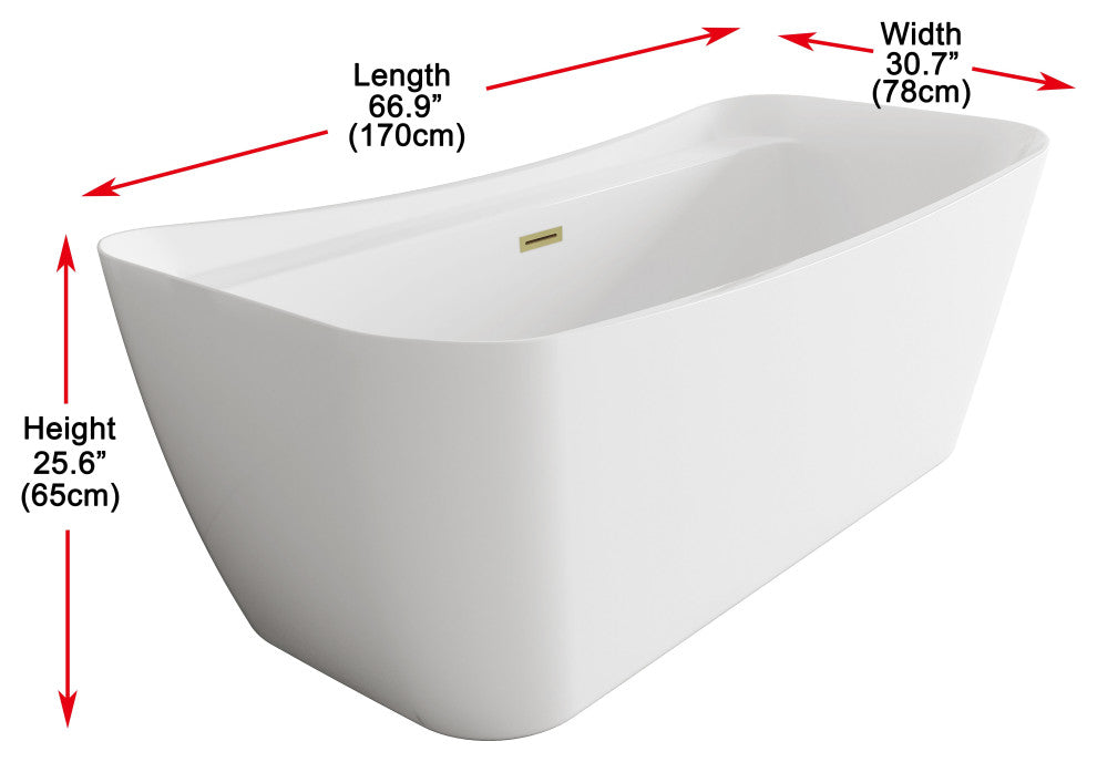 Holly 67" Soaking Bathtub, Glossy White With Brushed Gold Trim