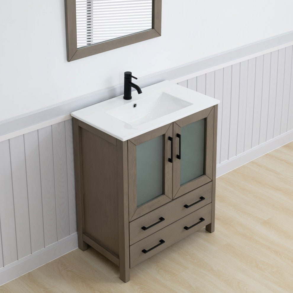 Vanity Art Single Vanity Set With Ceramic Top, 30", Driftwood Gray, Standard Mirror