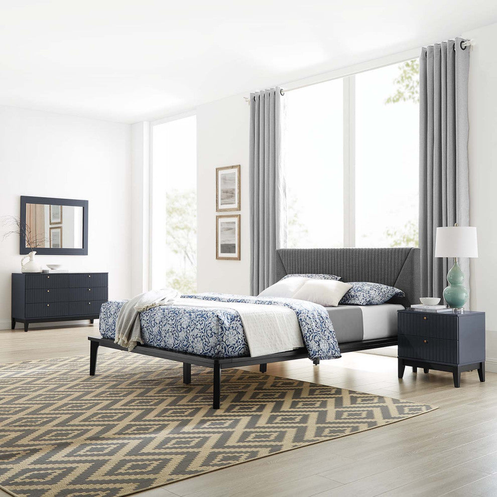 Platform Bed Dresser Chest Nightstand Set, Queen, Blue, Wood, Modern