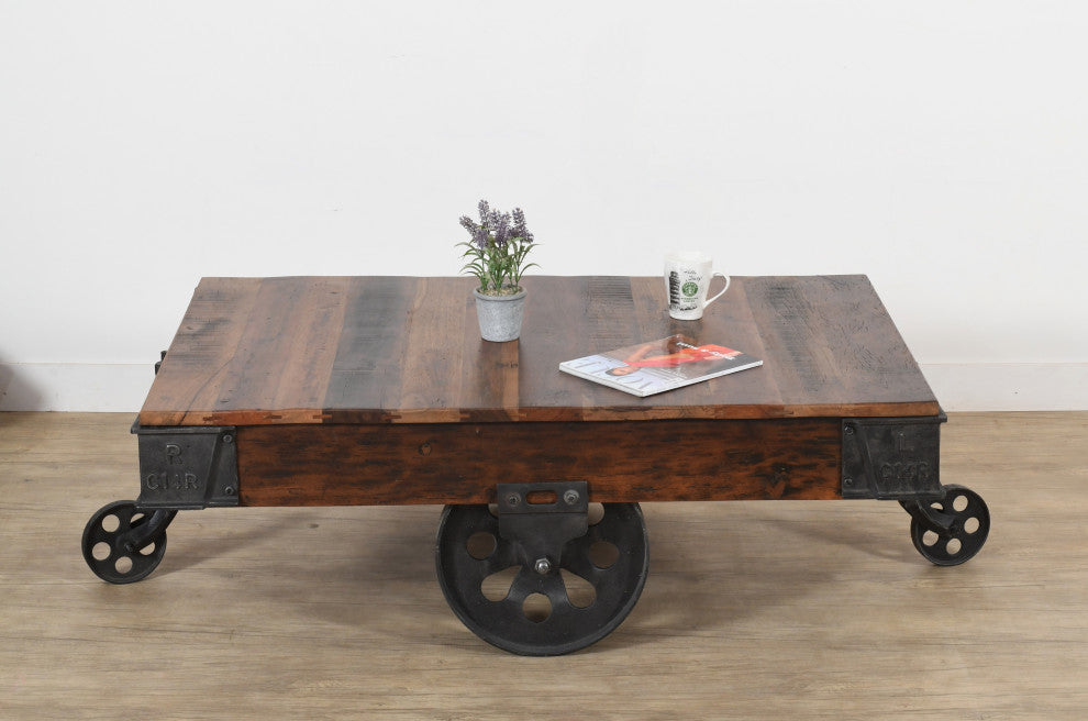 Metal And Reclaimed Wood Cart Coffee Table