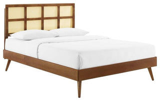 Sidney Cane and Wood Full Platform Bed With Splayed Legs