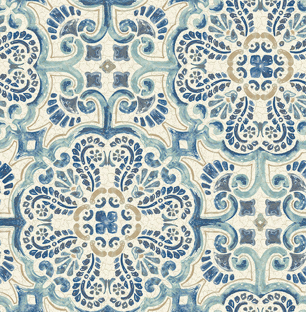 Florentine Tile Pattern Wallpaper, Blue, Bolt
