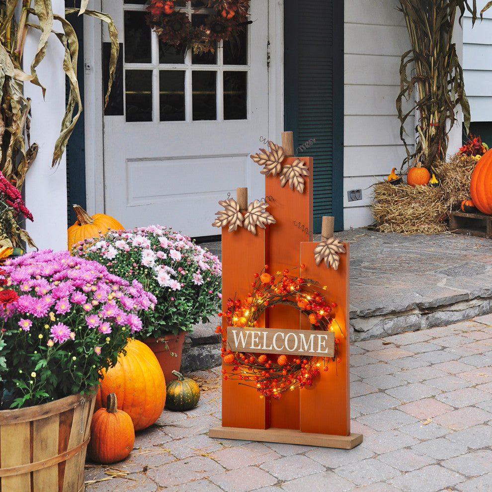 30"H Fall Lighted Wooden Pumpkin Decor WithWreath