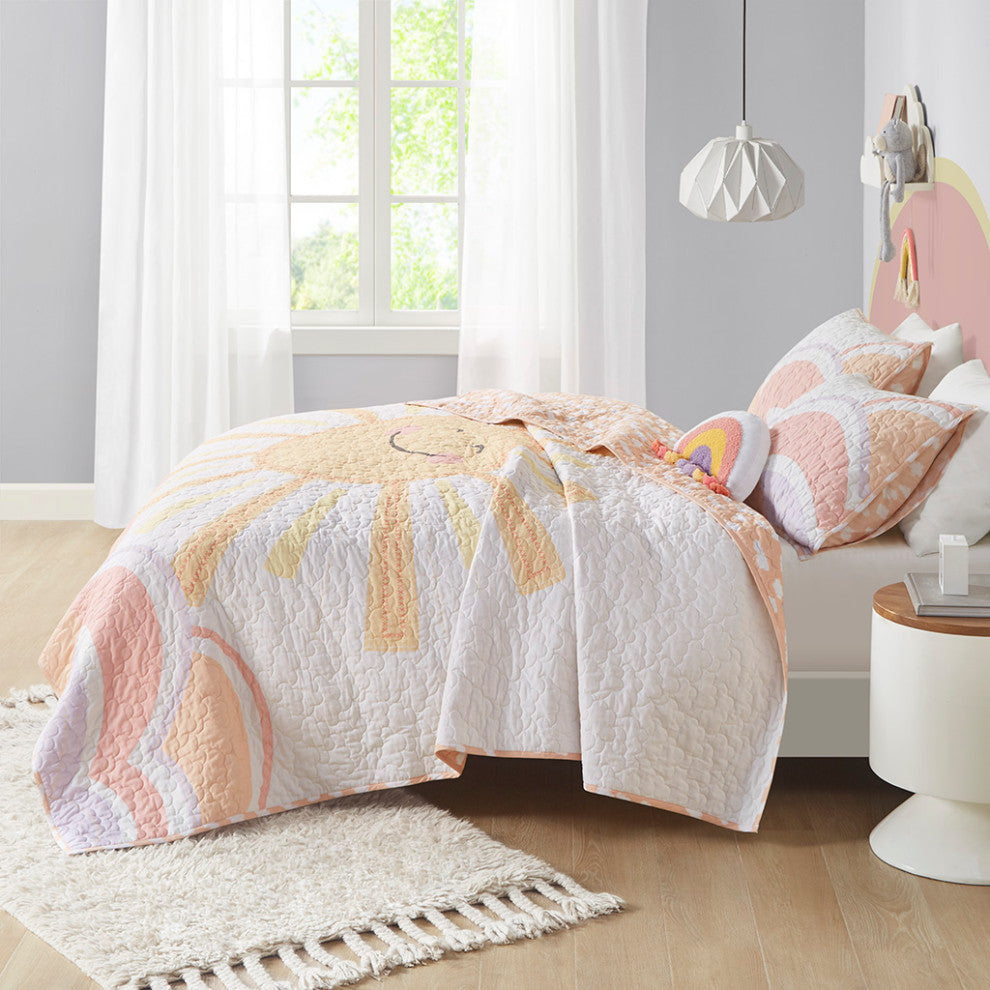 UrbanHabitat Kids Reversible Sunshine Printed Cotton Quilt Set With Throw Pillow