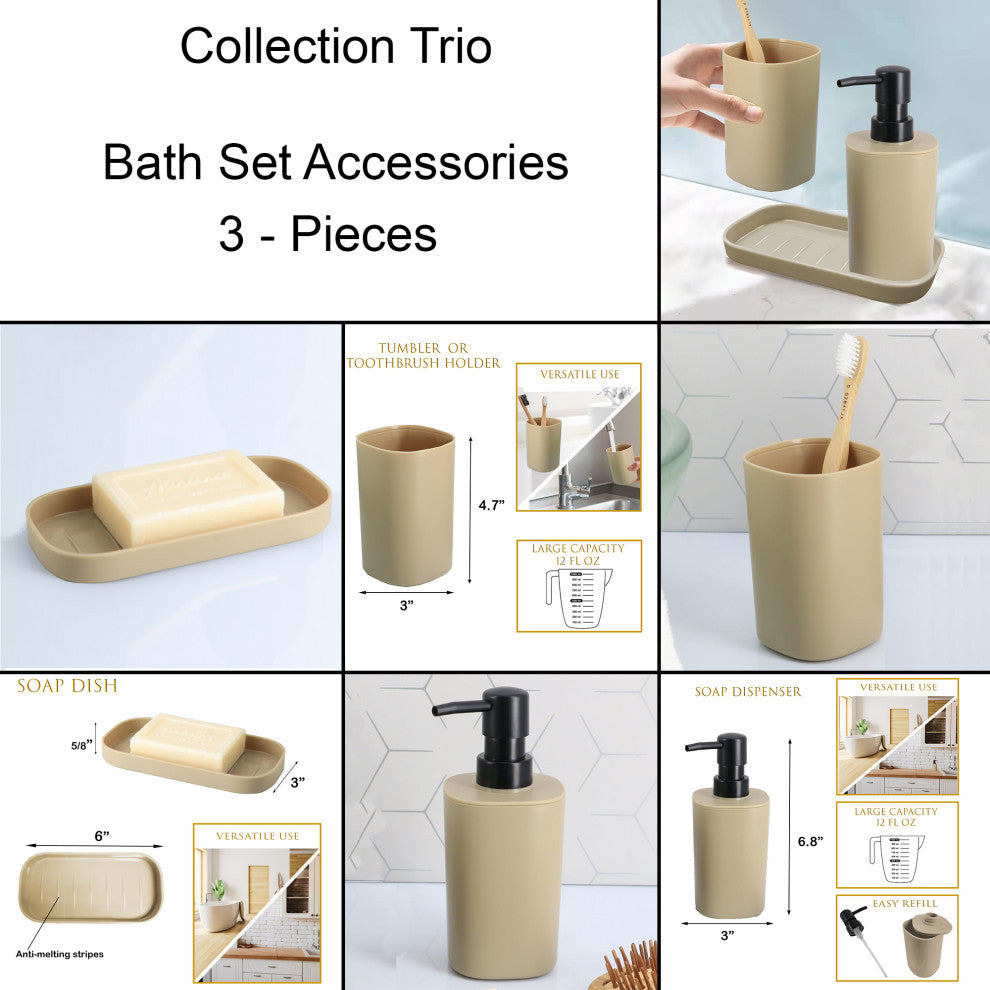 Bathroom Set Tumbler, Soap Dispenser, Soap Dish Set of 3 Accessories, Beige