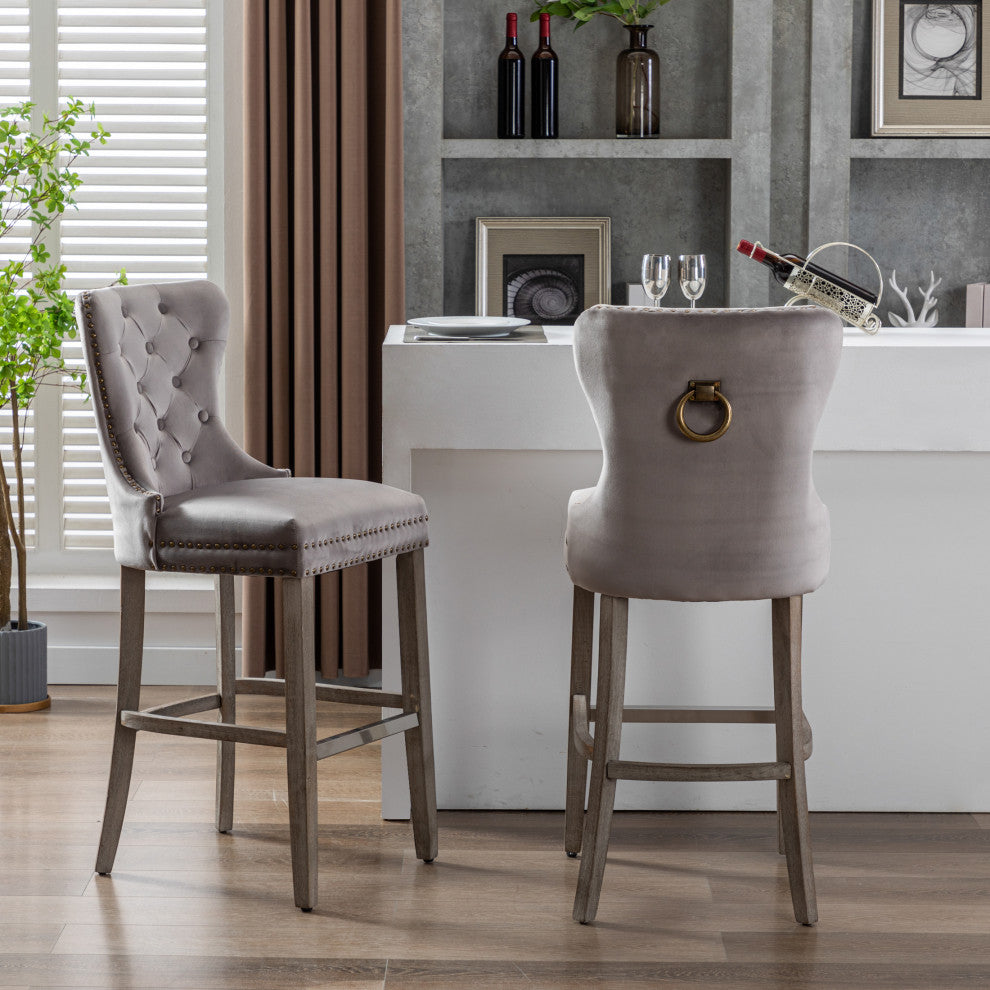 WestinTrends 2PC 29" Bar Height Wingback Velvet Bar Stool Set, Antique Gray, Velvet Gray