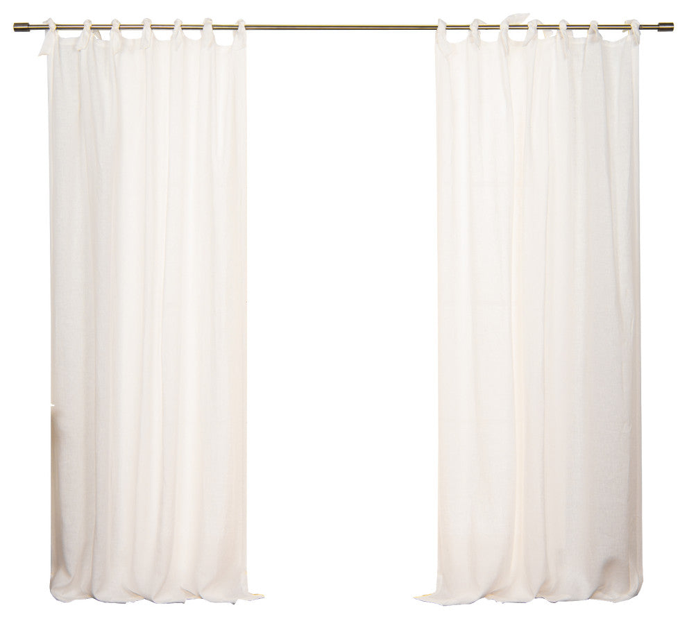 100% Linen Romantic Tie Top Curtain Set, White, 52" W X 96" L