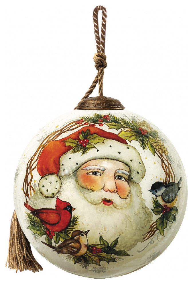 Winter Wreath Forest Santa Hand Painted Mouth Blown Glass Ornament