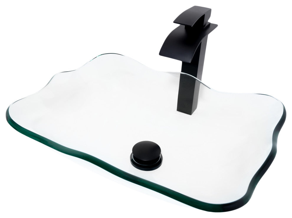 Clear Scalloped Tempered Glass Vessel Bathroom Sink Combo with Faucet and Drain, Matte Black