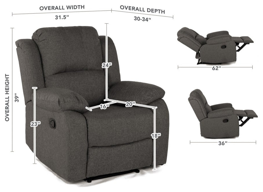 Classic Overstuffed Recliner Chair, Linen Upholstery, Dark Gray
