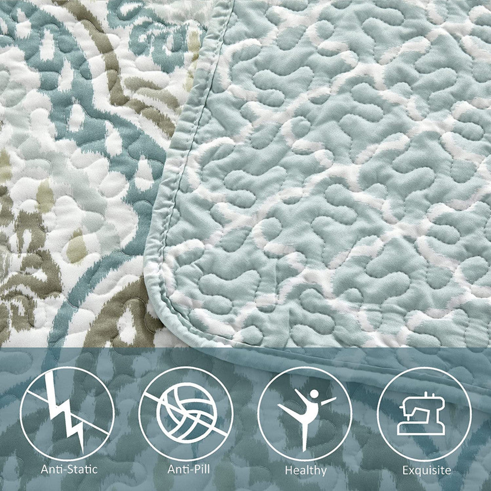 Tivoli Ikat Quilted 5 Piece Bed Spread Set, Teal Aqua, Floor Touching King