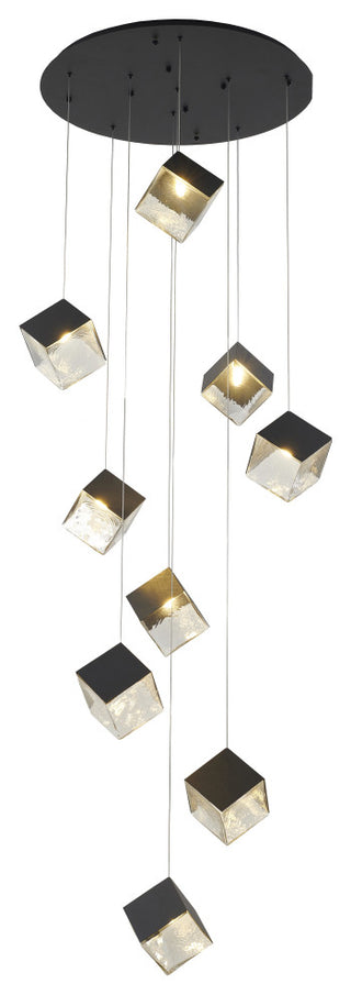 9-Light Black Cubed Chandelier With A Clear Distorted Glass Shades