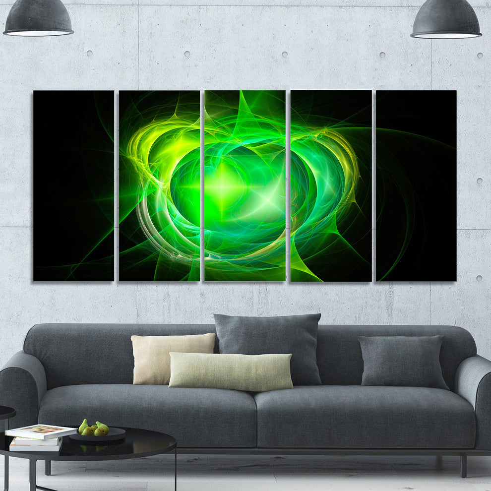 Green Fractal Explosion Supernova, Abstract Canvas Art Print, 60"x28", 5 Panels