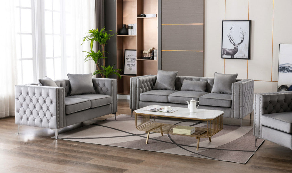 Lilola Home Lorreto Gray Velvet Fabric Sofa Loveseat Living Room Set