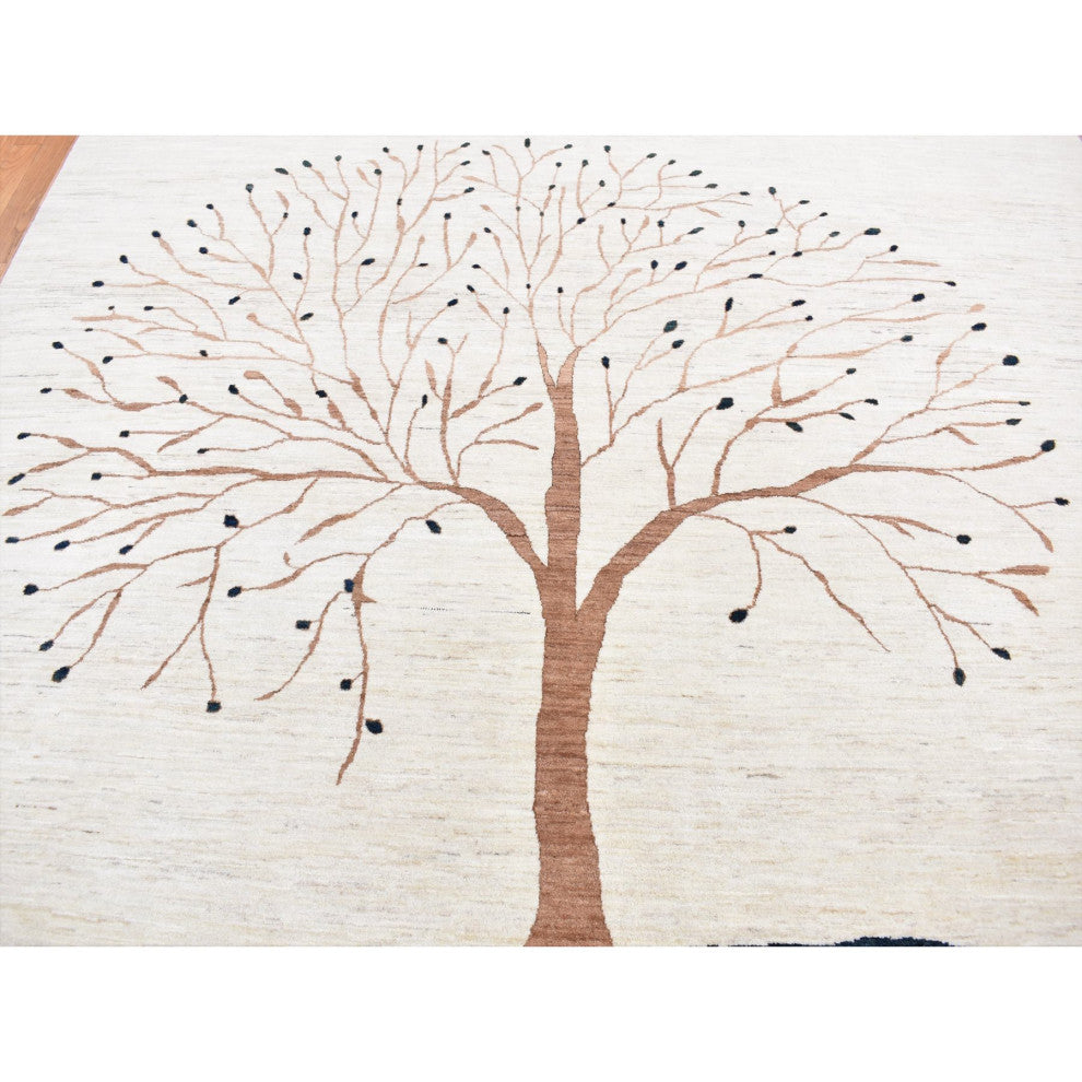 Ivory, Hand Knotted, Modern Folk Art Tree Design Gabbeh, Wool, Rug, 9'8"x13'8"