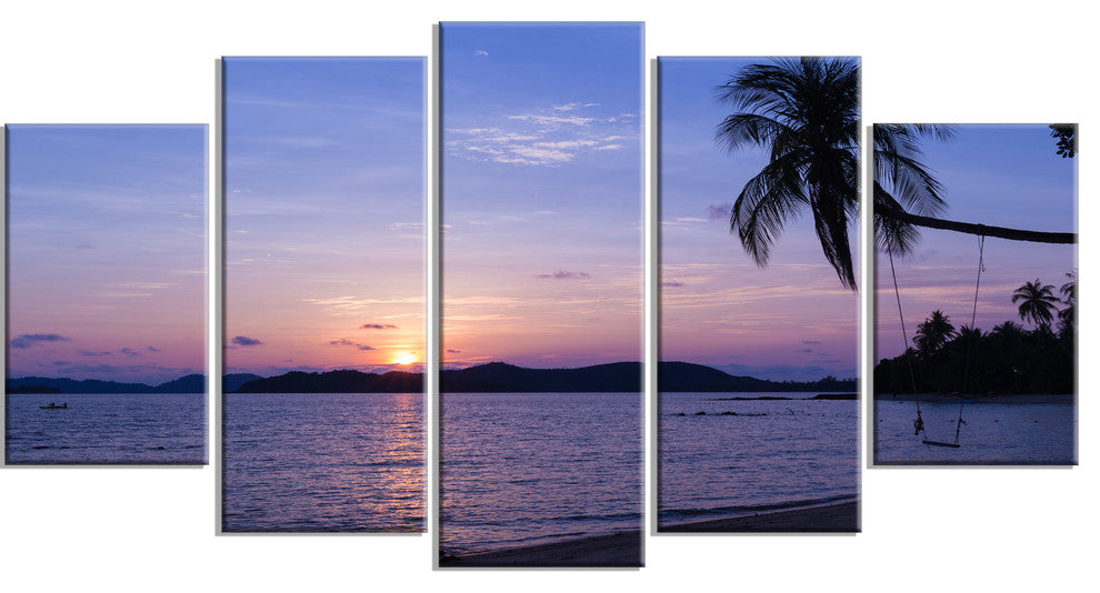 "Hanging Seat in Blue Sunset Beach" Modern Seashore Wall Art, 5 Panels, 60"x32"