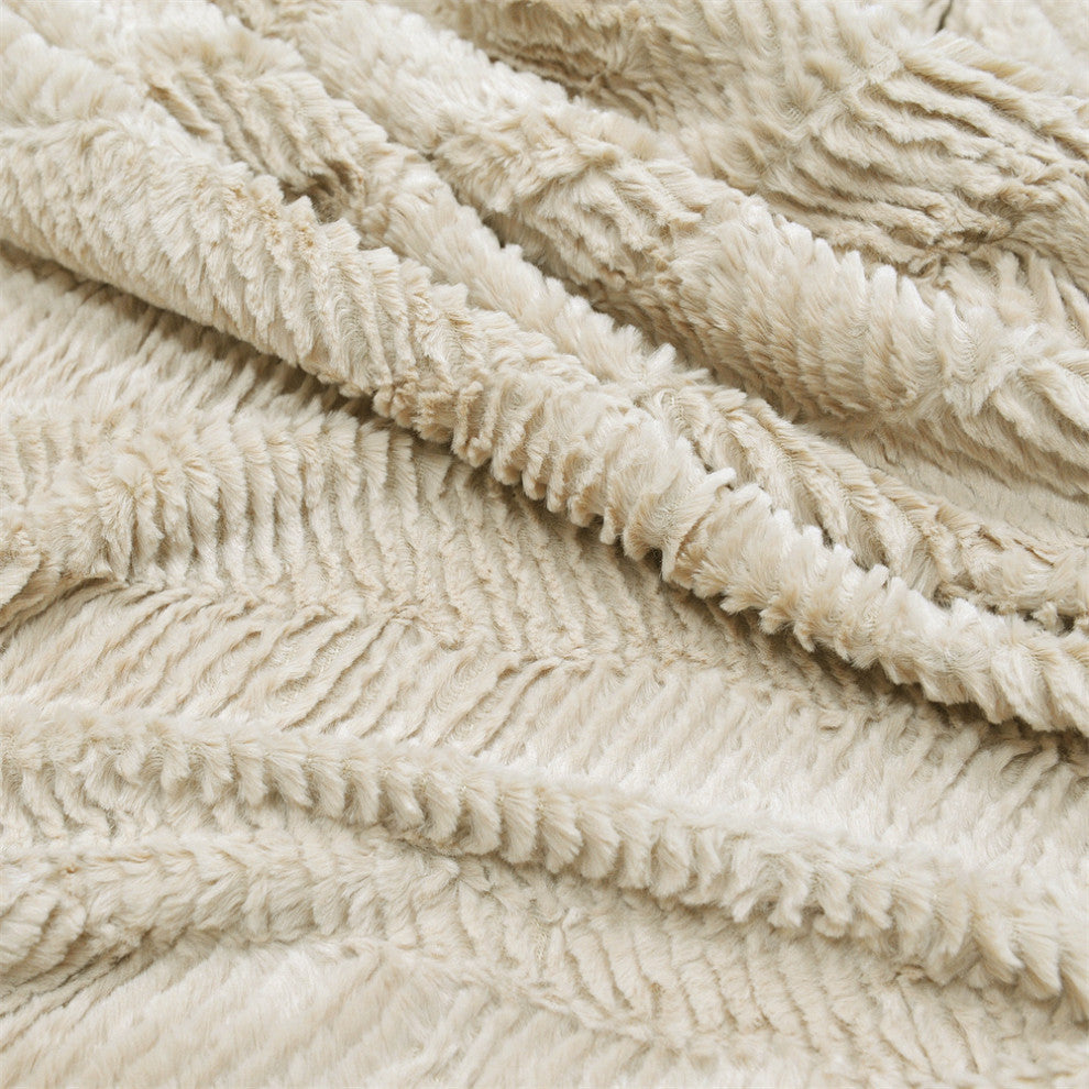 Herringbone Jumbo Over-Size Faux Fur Throw Blanket, Beige, 60" X 80"