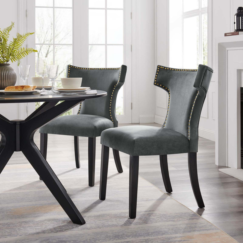 Curve Performance Velvet Dining Chairs, Set of 2, Gray