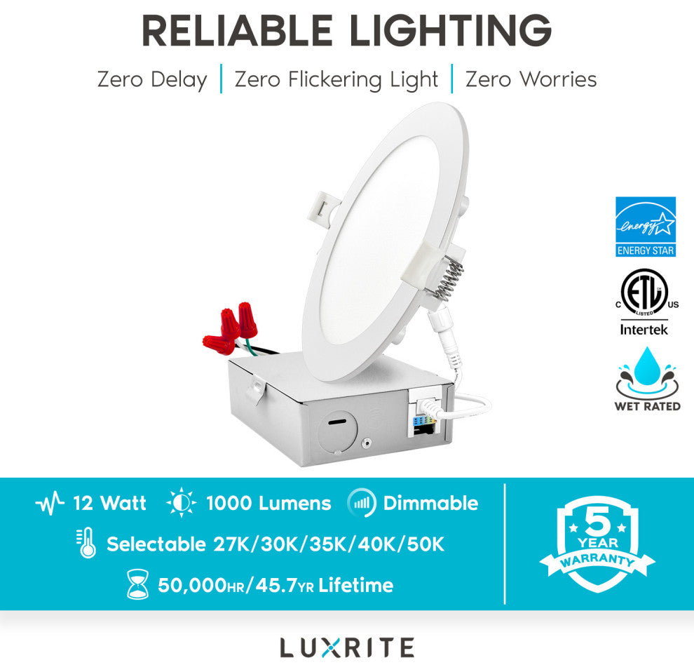 Luxrite 6" Ultra Thin LED Recessed Light 5 Color Selectable 4 Pack