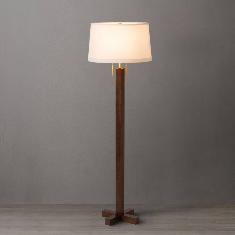 Swiss Cross Floor Lamp -Dark Walnut Wood Finish, Weather Brass, White Line Shade