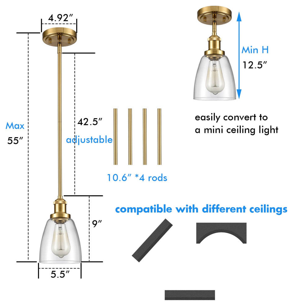 Modern Brass Mini Stem Pendant Light Glass Kitchen Fixture