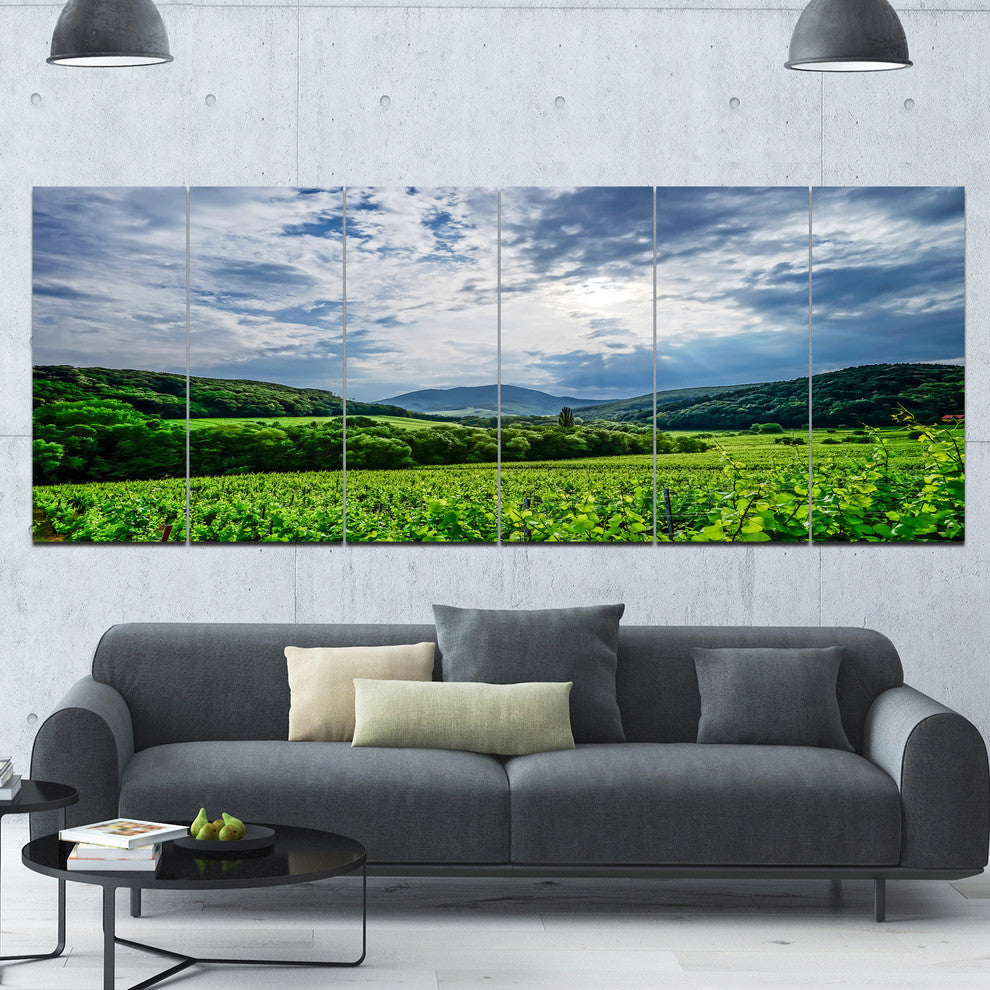 Thunderstorm Weather over Vineyards, Landscape Canvas Print, 70"x28", 6 Panels