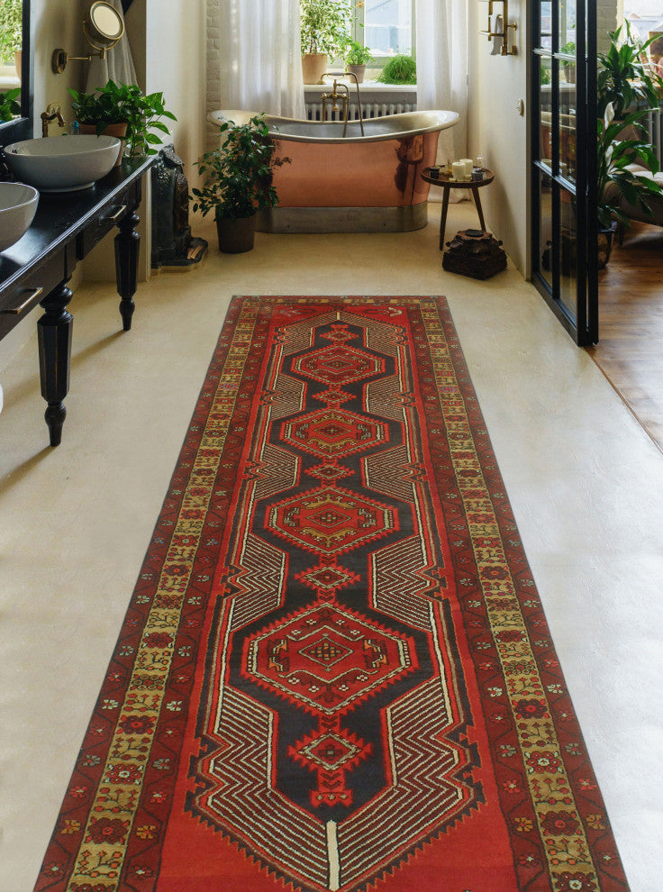 Fine Vintage Distressed Sanderso Charcoal/Burgundy Runner, 3'4x12'9