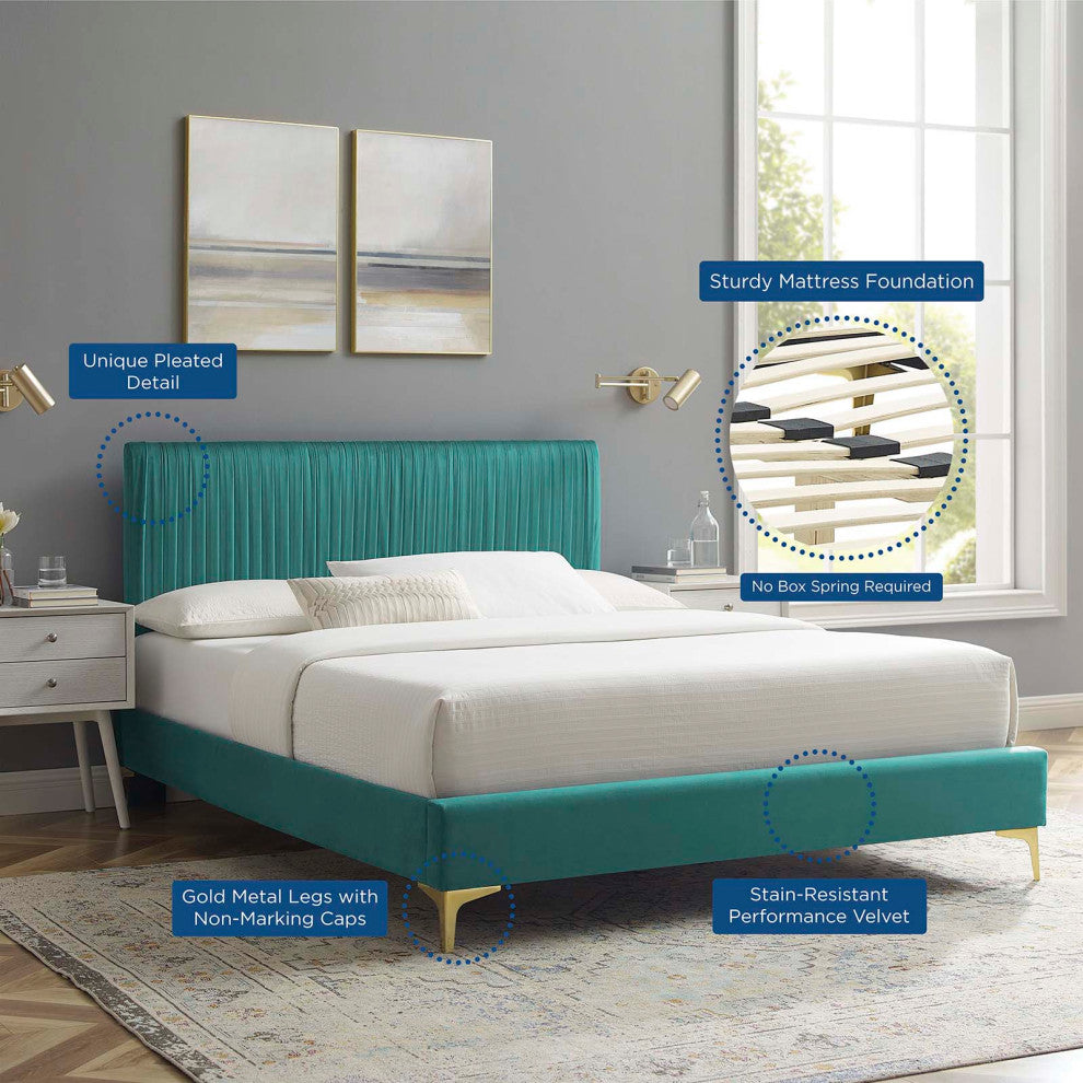 Platform Bed Frame, King Size, Velvet, Teal Blue, Modern Contemporary, Bedroom