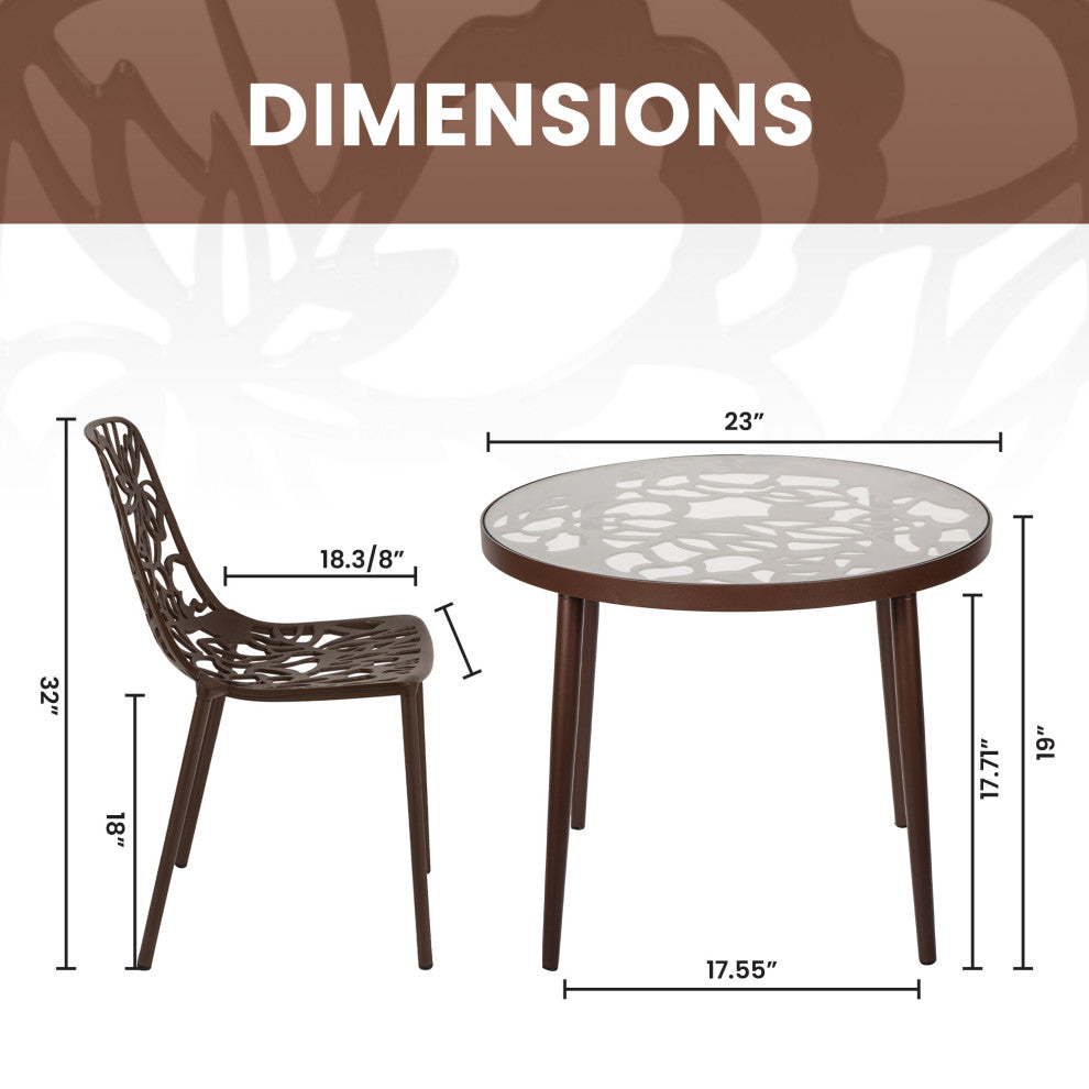 LeisureMod Devon Outdoor Dining Set with Glass Table and 2 Chairs, Brown