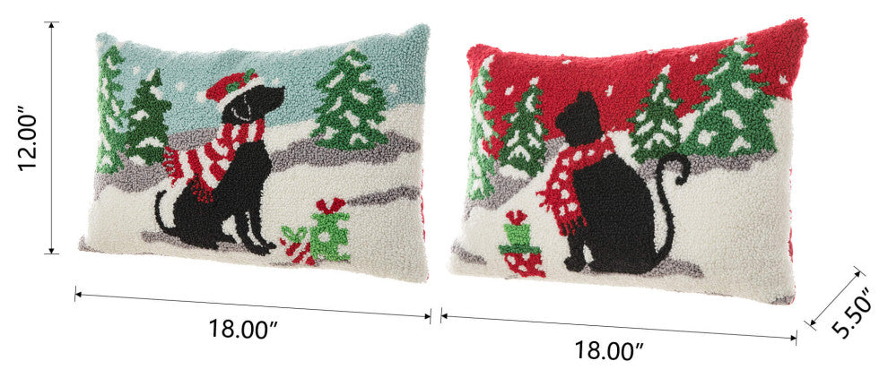 18"L Hooked Christmas Pillow Throw Xmas Pillows, Cat & Dog, 2-Piece Set