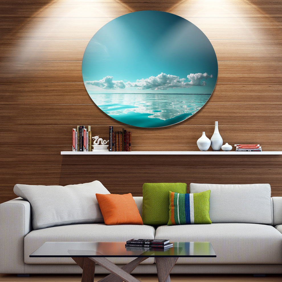 Blue Sea Horizon And Skyscraper, Seashore Disc Metal Artwork, 38"
