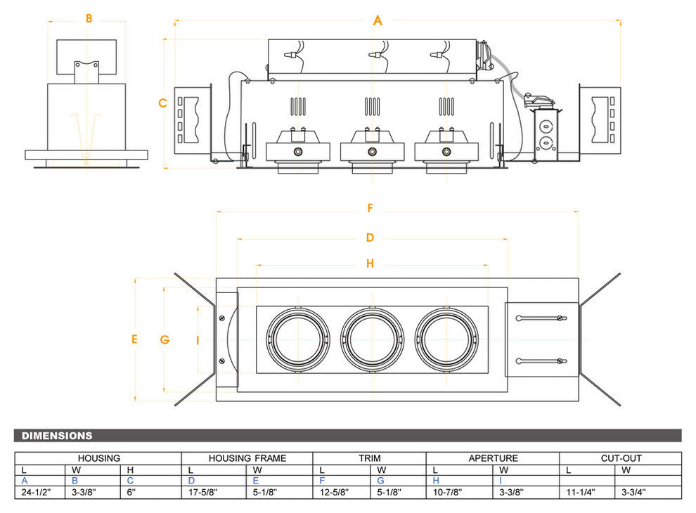 3-Light Linear New Construction, White Trim, Black Gimbal, Black