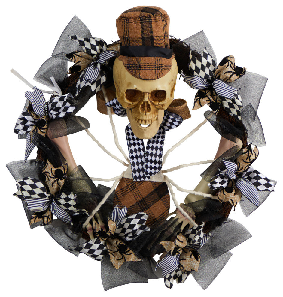 24" Halloween Skull, Plaid Mesh Wreath