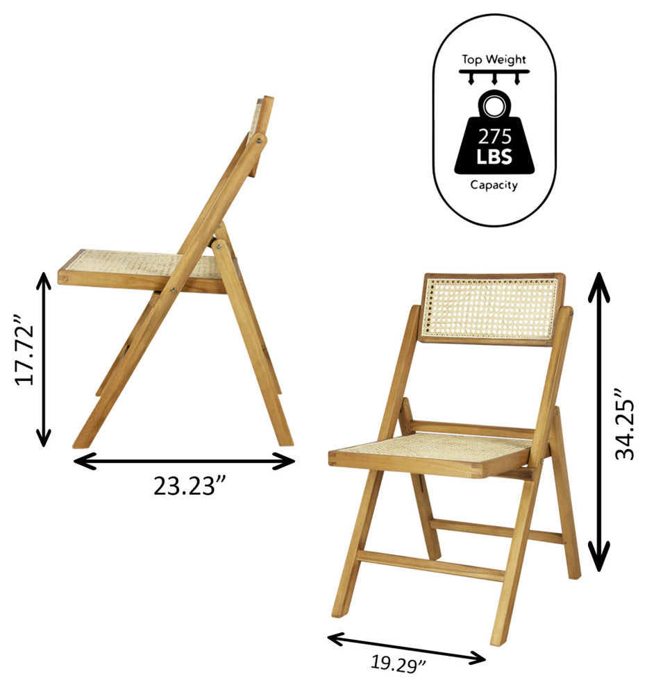 Vintage Wood Rattan Folding Chair, Adjustable Back, Light Brown, Set of 2